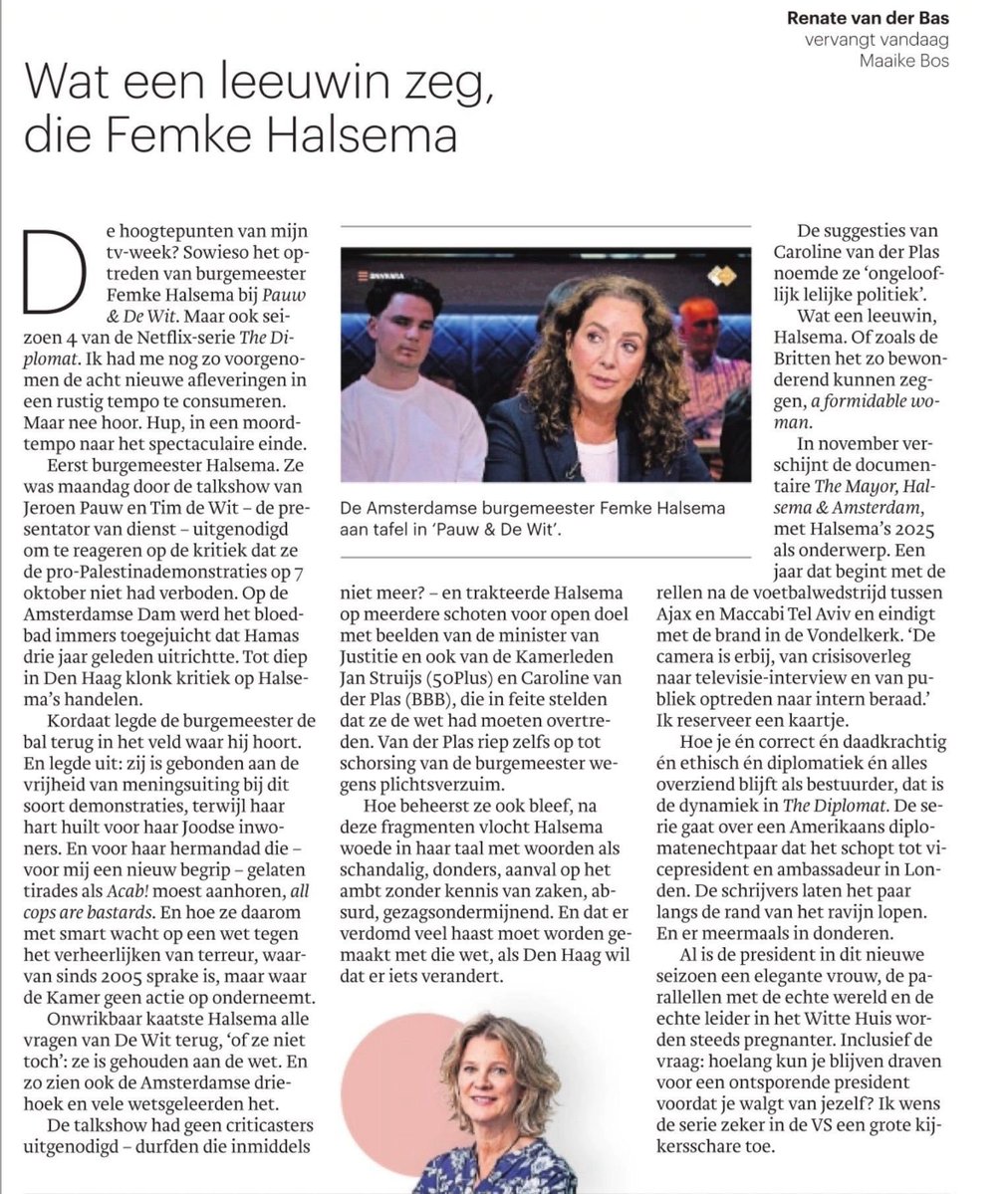 SanderSassen's tweet photo. Renate van der Bas leeft in een parallel universum, dat kan niet anders, want #FemkeHalsema een leeuwin noemen getuigt van een compleet afwezige binding met de realiteit, zelfs hallucinant is een understatement in dit geval. https://t.co/bzLKpamcGV