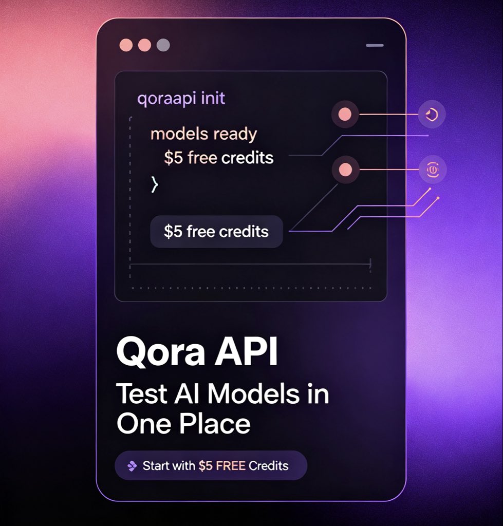 QoraAPI's tweet photo. Tired of switching between AI model platforms?

Qora API puts updated models in one place, so you can test faster and build sooner.

Get started with $5 FREE credits.

#AI #LLM #API #DevTools https://t.co/Fw7J0Pb5Z0