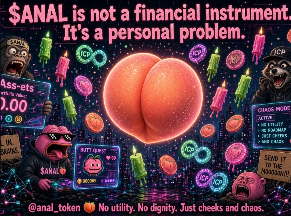 cryptooks1's tweet photo. Just cheeks and chaos. @anal_token  is the purest meme on the Internet Computer — launched on Soon, trading on ICPSwap, and already cooking a free-to-play game where you (or your agents) can earn $ANAL and compete for weekly $ICP prizes.Fully on-chain.
Fully unhinged. https://t.co/boD4D0CfEg