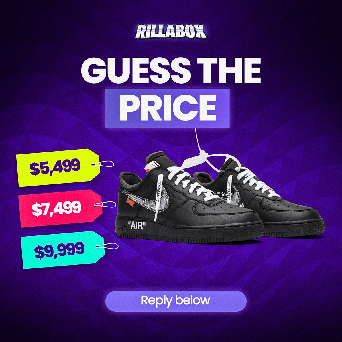 RillaBox's tweet photo. NIKE X OFF-WHITE AF1'S...

Drop guesses below to win $5👇 https://t.co/tltfsW1MRG