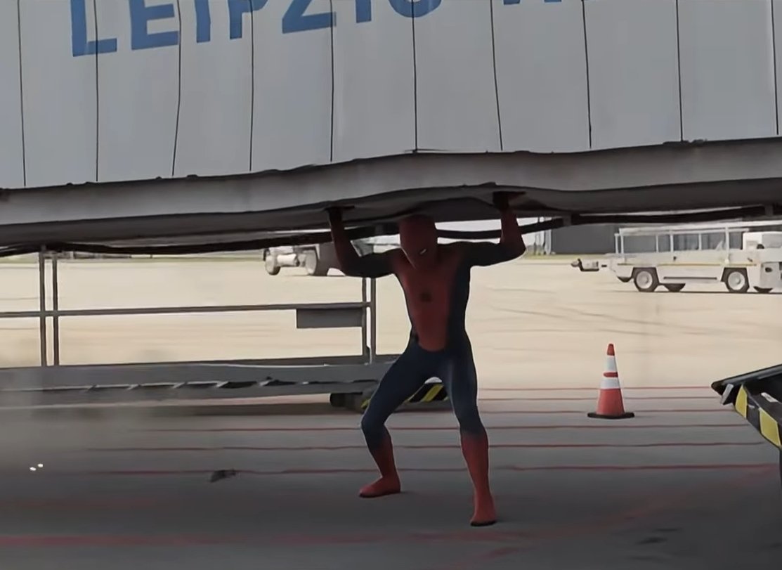 keithmyassbitch's tweet photo. @youdkmefr Cap even dropped the fucking jet bridge on his head. Literally would've killed him if spiderman was just a strong regular dude. https://t.co/EINfF1aUMF