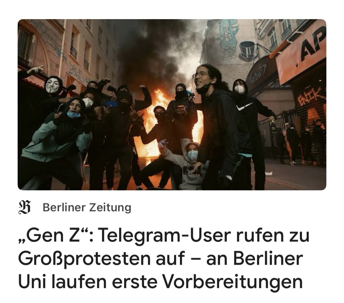 SNOWBMW1976's tweet photo. Beim kleinsten Anzeichen von Randale kann man nur hoffen , das die Polizei knallhart durchgreift!!! 

Wie denkt ihr darüber ❓
👇🏻👇🏻👇🏻

Die Initiative „Gen Z regelt“ / „Gen Z steht auf“ ruft für den 31. Oktober 2026 zu bundesweiten Protesten in rund 20–23 Städten auf (Berlin ab 14 Uhr am Brandenburger Tor, dazu u. a. Hamburg, München, Köln, Frankfurt). Offiziell geht es um Bildung (marode Schulen und Unis), bezahlbares Leben, gegen Wehrpflicht und Kürzungen. Die Organisatoren (u. a. Akram Selo, für Berlin Gianni Matheja) distanzieren sich ausdrücklich von Gewalt und Extremismus und kündigen Deeskalation an. https://t.co/zCmlS2UIsj 
In den Telegram-Gruppen, die die Initiative selbst verlinkt, klingt es anders: Von „Berlin ein Schlachtfeld machen“, „es brennen sehen“, Steinwürfen, selbstgebauter Munition und Plünderungen ist die Rede. Manche beklagen das Gewaltverbot und fordern, dass es „diesmal abgehen“ müsse. Die Organisatoren sagen, sie löschen solche Posts, kommen aber nicht hinterher. Ob und wie eng die Verbindung zu den radikaleren Chat-Teilnehmern ist, ist nicht belegt – aber die Gruppen sind öffentlich über die Website erreichbar. https://t.co/8HgB4arkPl 
An der FU Berlin lief bereits eine „Aktionsversammlung“ unter dem Motto „Unis gegen Krieg“ (ca. 50 Leute, in AStA-Räumen, Presse raus). Polizei stand draußen bereit. Es gibt erkennbare Nähe zu Solid/SDS und linken Studierendengruppen, die sich offen an den französischen Protesten orientieren. Behörden und die Gewerkschaft der Polizei sprechen von einer „Großdemolage“, beobachten linksextreme Instrumentalisierungsversuche und haben angekündigt, dass sie bei Gewalt konsequent einschreiten. Hessens Innenminister Poseck und andere haben das Gleiche signalisiert: starke Aufstellung und keine Toleranz für Gewalt gegen Personen oder Sachen. https://t.co/FbmnP5hVLk 
Dein Wunsch, dass die Polizei beim kleinsten Zeichen von Randale hart durchgreift, deckt sich genau mit dem, was die Sicherheitsbehörden öffentlich sagen. Die französischen Bilder (brennende Barrikaden, Plünderungen, Angriffe auf Polizei) sind der klare Referenzpunkt, und Halloween plus andere angemeldete Demos erhöhen das Risiko zusätzlich.
Ob der Funke wirklich überspringt oder es bei relativ kleinen, kontrollierten Demos bleibt, ist noch offen. Die Mobilisierung ist real, die radikalen Elemente in den Chats ebenfalls. Die Polizei hat den Tag fest im Blick.