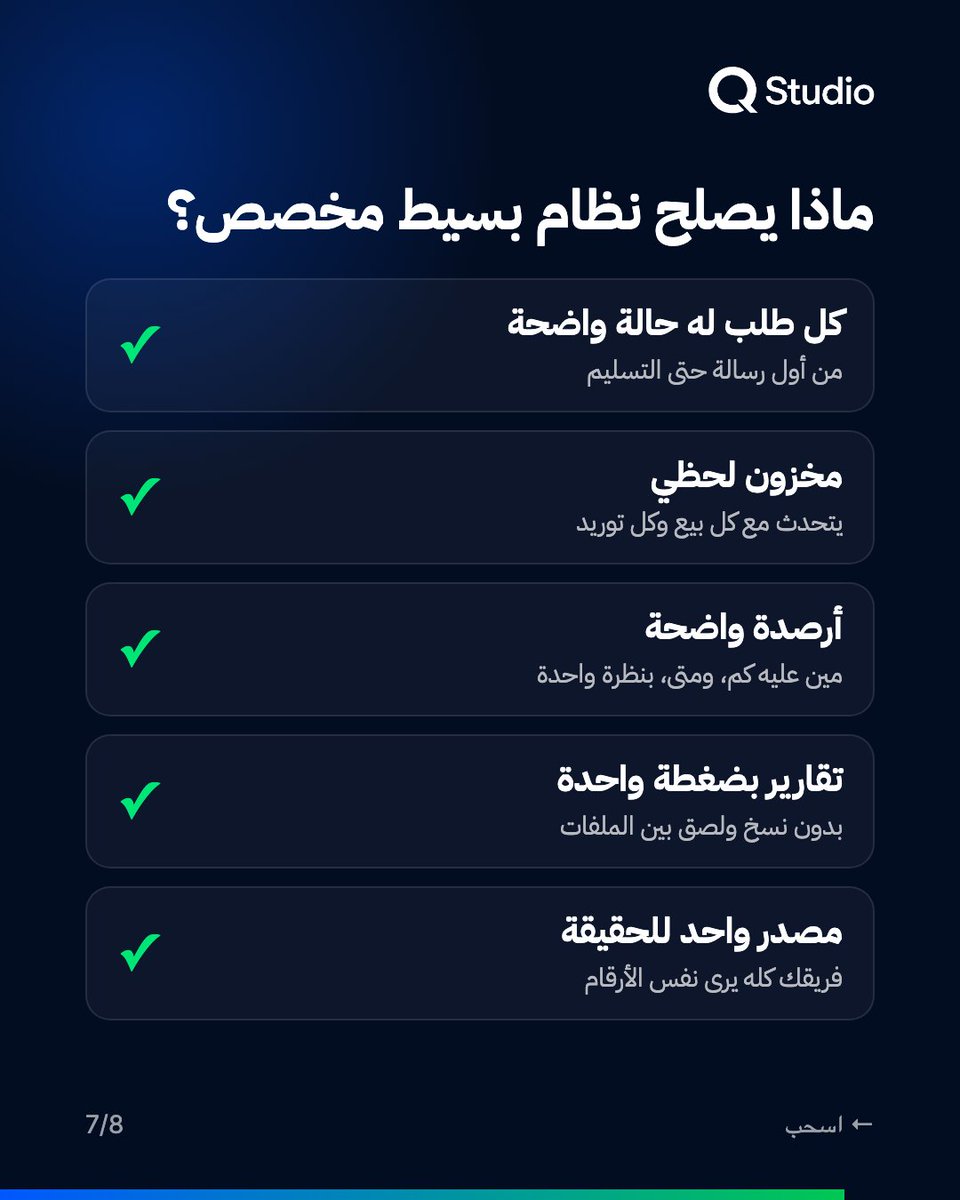 q_studio's tweet photo. 5 علامات أن عملك أكبر من واتساب + إكسل: طلبات تضيع، مخزون لا يطابق الشيت، أرصدة غير واضحة، تقارير تأخذ ساعات، و«أي شيت هو الأحدث؟»

أي علامة عندك؟ 👇

#ريادة_الأعمال #إدارة_المخزون #تحول_رقمي #مشاريع_صغيرة https://t.co/l1SJIQQohv