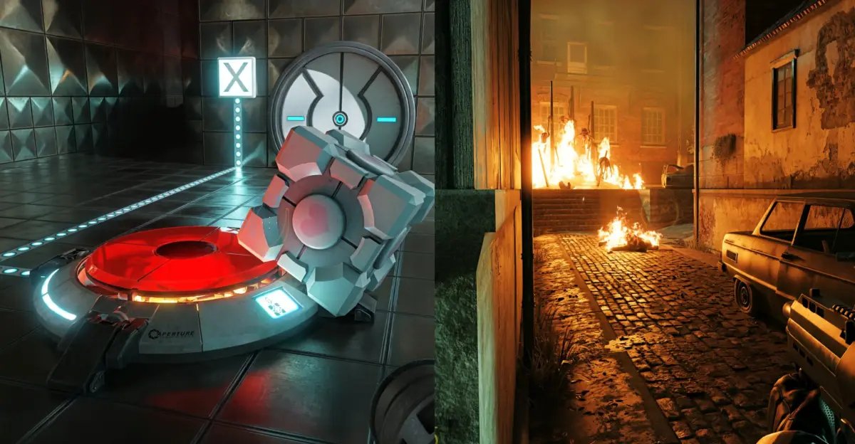 Side by side scene from Portal with RTX showing neural rendering improvements to surface reflections and lighting detail.