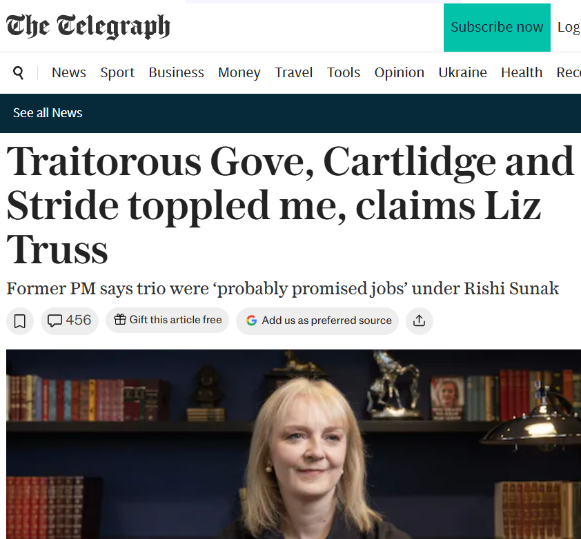 1MikeFairclough's tweet photo. A GREAT piece in today’s Telegraph on Liz Truss’s explosive #1 bestselling book, BANK JOB.

From the Bank of England and the downfall of Liz Truss’s government to Tory ‘traitors’, the OBR and the future direction of Britain, BANK JOB goes far beyond the accepted story of what happened in 2022.

BANK JOB names names, challenges the system itself and asks the question at the heart of the book:

WHO IS REALLY IN CHARGE OF BRITAIN?

The current Prime Minister has commented on it. The leader of the Conservative Party has been asked about it. The media cannot stop talking about it.

And the Bank of England?

At the end of the article it reads: ‘The Bank of England declined to comment.’

Funny, that......🤔

https://t.co/StBXZsECwB

@trussliz @Iromg @RickArmstrong11