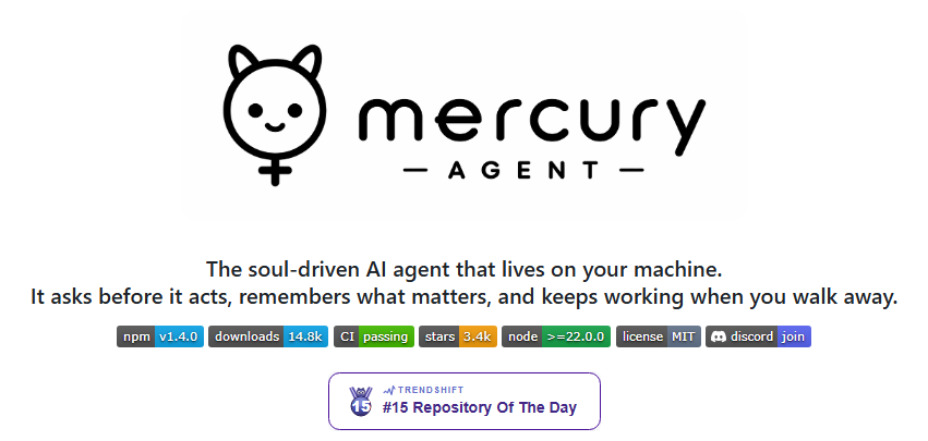 albacnt's tweet photo. 🚨 ESTO ES UNA LOCURA

Un proyecto de GitHub que convierte tu ordenador en un agente de IA que sigue trabajando aunque cierres la terminal.

Se llama Mercury Agent y es open source.

¿Qué puedes hacer? 👇

→ Darle acceso a tus archivos y ejecutar tareas
→ Hablar con el mismo agente desde Telegram, Discord o Slack
→ Recordar tus preferencias y proyectos entre conversaciones
→ Crear agentes especializados que trabajen por su cuenta
→ Automatizar tareas y programarlas para más tarde
→ Controlar los permisos y limitar el gasto en tokens

Lo interesante es que no es otro chatbot que simplemente responde preguntas.

Puede investigar, escribir código, trabajar con GitHub y ejecutar tareas en segundo plano.

Además, puedes elegir su personalidad, los modelos que utiliza y qué acciones puede realizar.

Ideal para quienes quieren tener su propio agente de IA funcionando 24/7.

Y sí, puedes consultar el código en GitHub.

Enlace abajo 👇