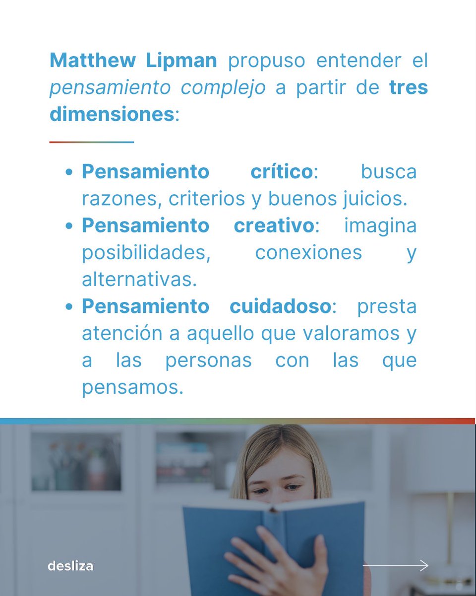 CentroFpNEspana's tweet photo. Para Matthew Lipman, el pensamiento complejo exige algo más: que lo crítico, lo creativo y lo cuidadoso trabajen conjuntamente. https://t.co/bE4OeE8KjR