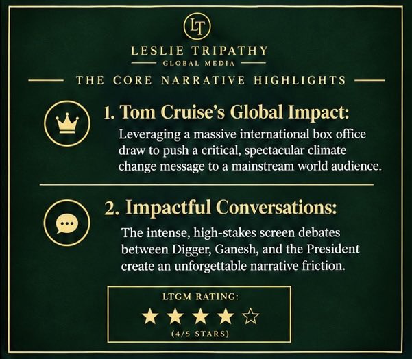 lezlietripathy's tweet photo. Leslie Tripathy Global Media reviews the #TomCruise starrer #DiggerMovie : “A bold cinematic wake-up call with a massive global message.” 
Full Premium Review:
👇
https://t.co/ujFUiaC0DJ
— By Leslie Tripathy
President of Leslie Tripathy Global Media https://t.co/a2E7cNU0pg