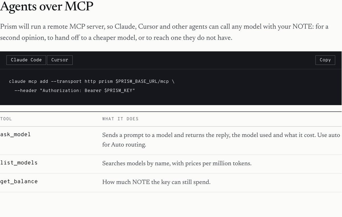 Prism_Yield's tweet photo. Then on the roadmap: agents over MCP. Prism will run a remote MCP server, so Claude Code, Cursor and other agents can call any model with NOTE: ask_model for a second opinion or a cheaper hand-off, list_models with prices, and get_balance for what the key can still spend. Adding it to Claude Code will be one command. It comes after chat and the API.