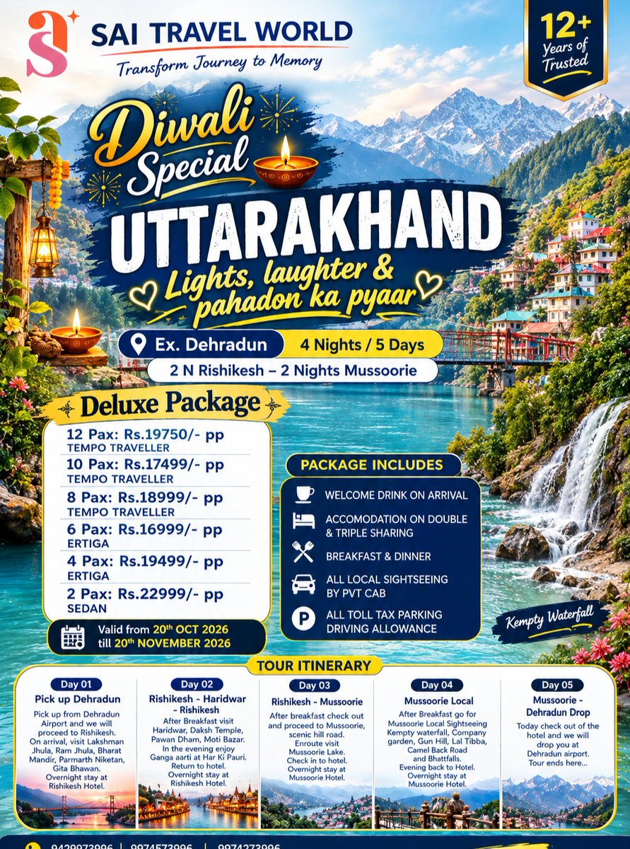 ThaiiMalater's tweet photo. Celebrate Diwali in Uttarakhand with 4 Nights / 5 Days in Rishikesh &amp; Mussoorie. Scenic mountains, waterfalls, peaceful rivers and unforgettable moments with Sai Travel World. Book now: 9429973996 | 9974573996 | 9974273996 https://t.co/lCibSchj9e