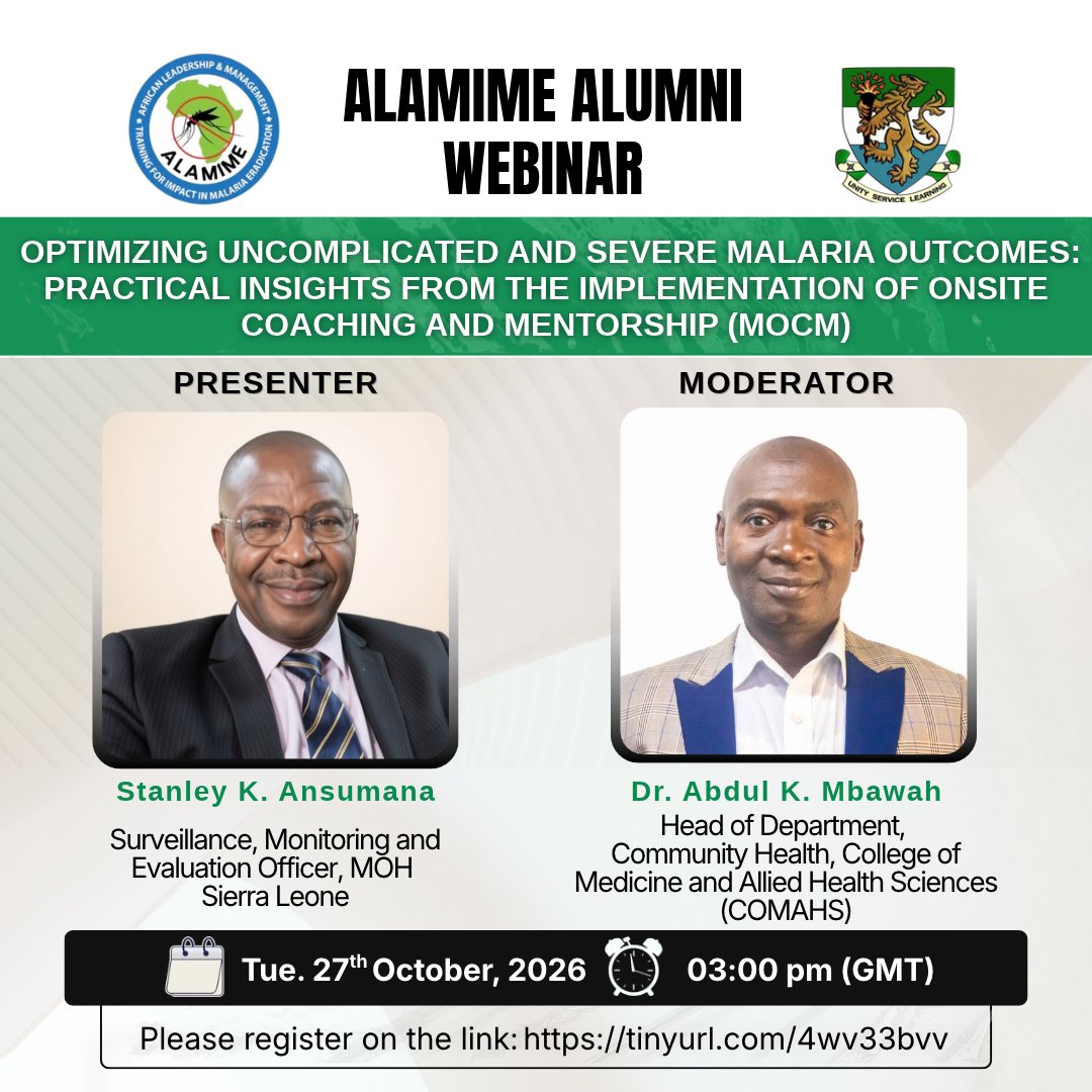 ALAMIMEprogram's tweet photo. October 2026 Alumni Webinar for Sierra Leone

Join @ALAMIMEprogram  in a discussion on making the most of the Onsite Coaching and Mentorship (MOCM) for improved management of malaria in Sierra Leone.

🗓️ Tuesday, 27 October 2026
🕒 03:00 pm (GMT)

🔗 https://t.co/M1cI1VeoDC https://t.co/1lWISlIS7h