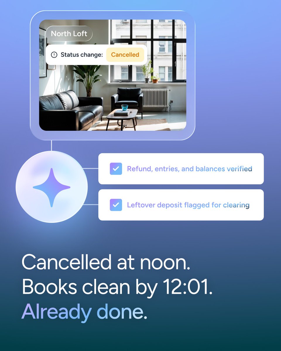 Guesty's tweet photo. Cancelling a six-night stay takes a guest four seconds. ⏱️

Un-cancelling it from your books used to take considerably longer.

The refund goes one way.
The journal entries go another.
The balances sit somewhere in the middle, waiting to confuse someone in six weeks. 🫠

Not this one.

✅ The refund, the entries, and the balances were cross-verified instantly.

🚩 Elsewhere in the ledger, a separate sweep caught a fully paid reservation sitting on an unapplied deposit.

The guest moved on in four seconds. You didn't have to play detective. 🕵️

Already done. ⚡