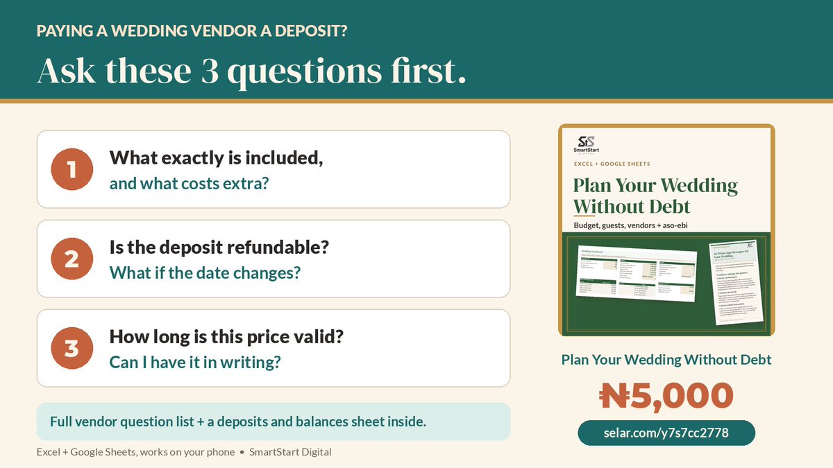 Tiny07Ab's tweet photo. Paying a wedding vendor a deposit this weekend? Ask these 3 first:
1. What's included, and what costs extra?
2. Is the deposit refundable?
3. Can I get the price in writing?
My wedding kit has the full list + a deposits sheet. ₦5,000
https://t.co/NHA0aPm3xZ https://t.co/YbJR1wsLwK