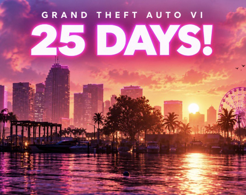 project_vice's tweet photo. 25 DAYS to go until GRAND THEFT AUTO VI officially releases! 🌴🇺🇸👀

We’re less than 4 weeks to go! 🤯 https://t.co/QirylB7EiU