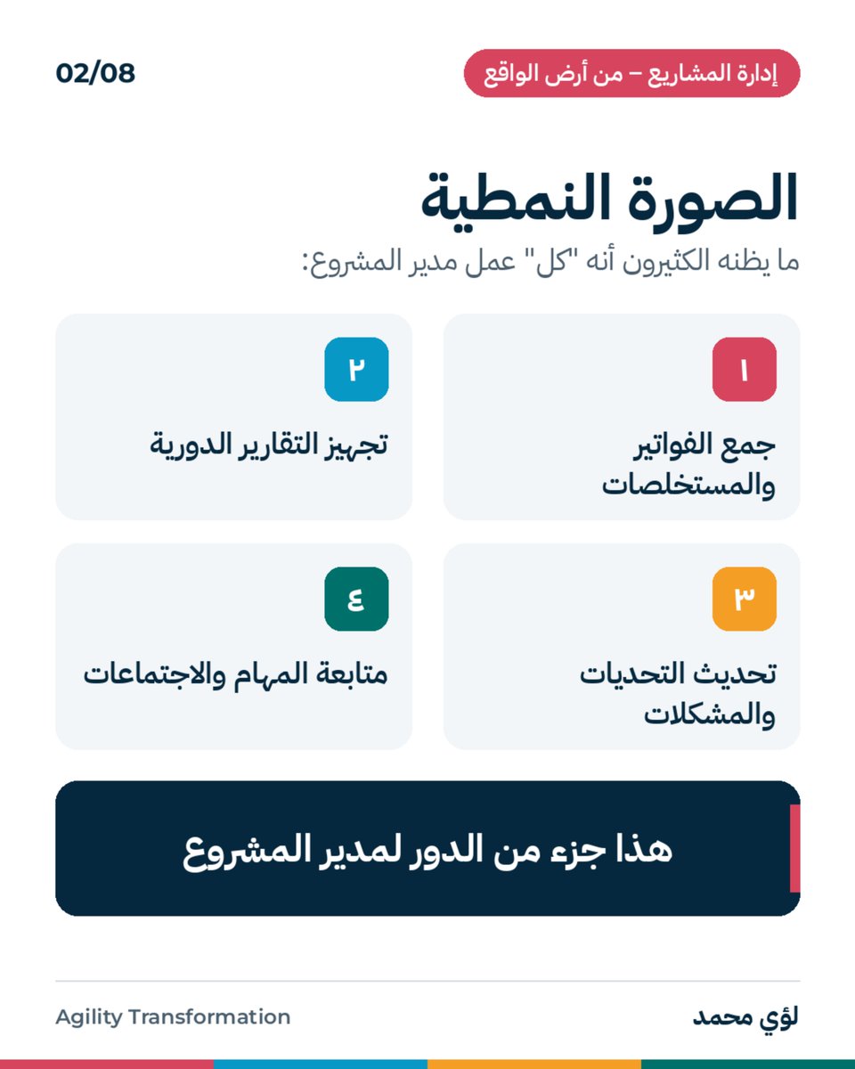 loaymohamed1_'s tweet photo. مدير المشروع ليس جامع للفواتير.
الفريق يركز على اليوم، ومدير المشروع يحمل الماضي والحاضر والمستقبل معا.
وحين ينجح، يظن الجميع أن الأمر كان سهلا. 🧵
#إدارة_المشاريع #مدير_المشروع #ProjectManagement #ProjectManager https://t.co/m3Syq5PHvc