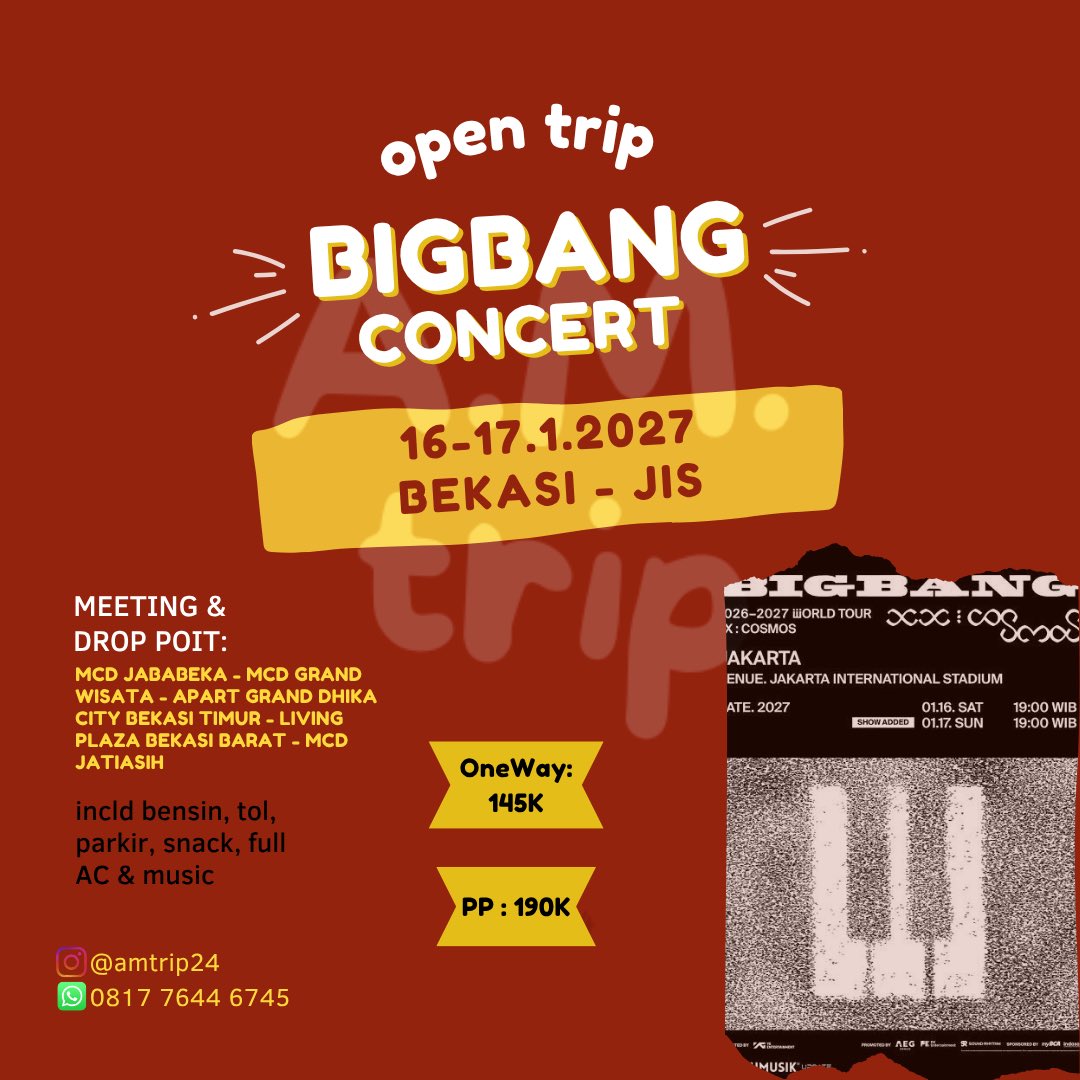 AMTrip24's tweet photo. @PKEnt_ID Hi 👋🏻
Kita open trip konser Bigbang
Bekasi - JIS - Bekasi

✔️ada group whatsapp
✔️duduk tenang ga repot antri cari transportasi umum malam2🙏🏻
✔️slot terbatas❗️

Bisa pilih sampai rumah (ada biaya tambahan yg bisa ditanya ke admin terlebih dahulu)

Detail &amp; Booking : 081776446745 https://t.co/skBoRe7fsy