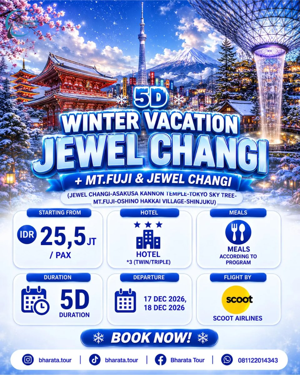DominicanosPuro's tweet photo. Winter Holiday Jepang 2026 bersama Bharata Tour Organizer! Pilih paket 5D Jewel Changi atau 7D Golden Route dengan Universal Studios dan Bullet Train. Seat terbatas, saatnya rasakan winter Jepang langsung! https://t.co/eDedb30mUx