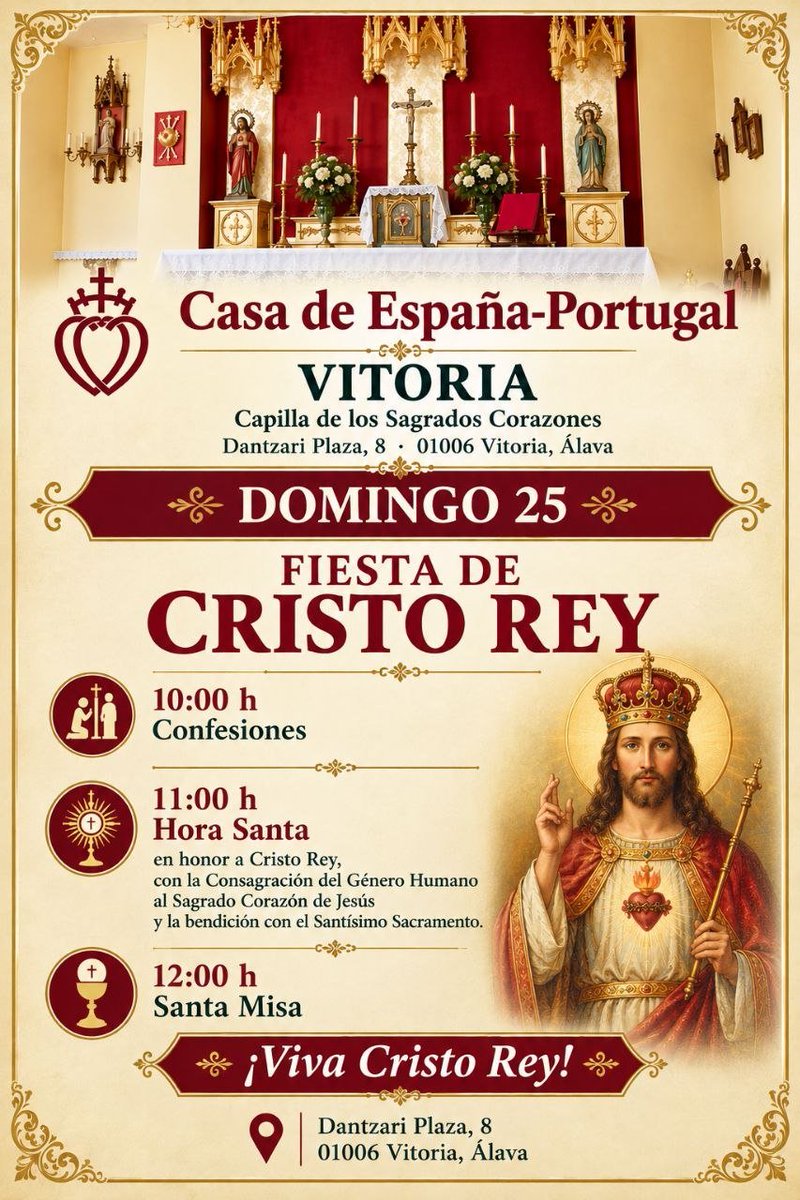 tradicionespana's tweet photo. ⛪️ VITORIA - Santa Misa Tradicional.
🕛 Domingo 25 de octubre, 12:00h
📍 Capilla de los Sagrados Corazones, Dantzari Plaza, 8. https://t.co/05IEcJ9Cwe