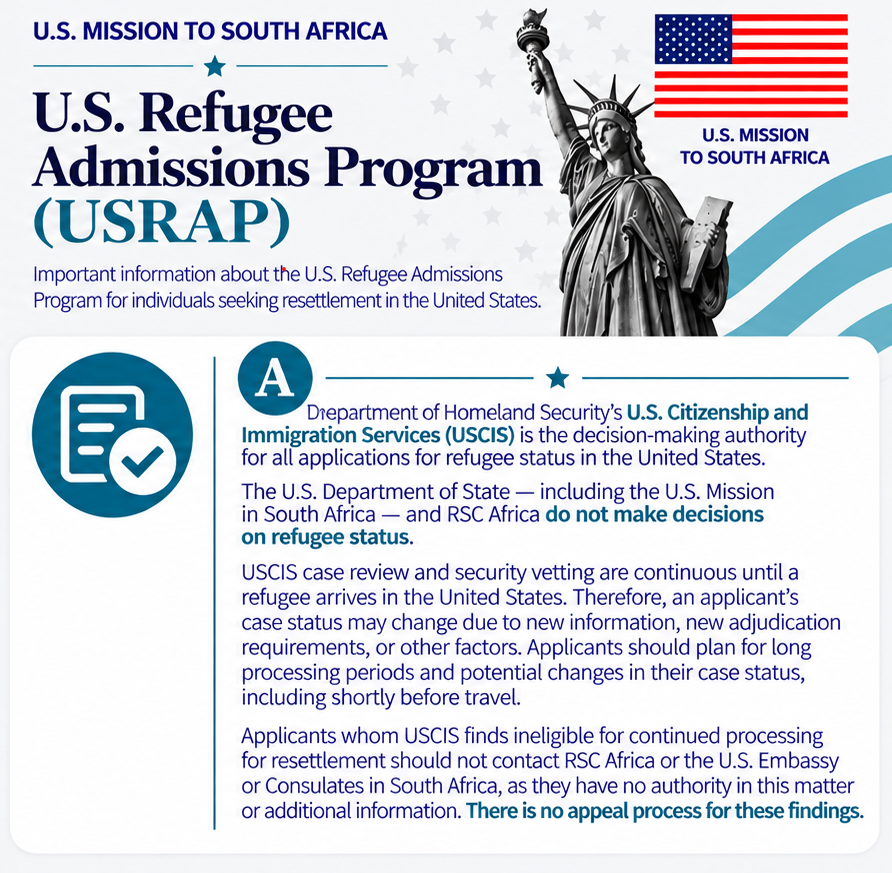 USEmbassySA's tweet photo. 🇺🇸 𝐖𝐢𝐞 𝐧𝐞𝐞𝐦 𝐝𝐢𝐞 𝐟𝐢𝐧𝐚𝐥𝐞 𝐛𝐞𝐬𝐥𝐮𝐢𝐭 𝐨𝐨𝐫 𝐦𝐲 𝐯𝐥𝐮𝐠𝐭𝐞𝐥𝐢𝐧𝐠𝐬𝐚𝐚𝐧𝐬𝐨𝐞𝐤? 𝐇𝐨𝐞 𝐥𝐚𝐧𝐤 𝐬𝐚𝐥 𝐝𝐢𝐭 𝐧𝐞𝐞𝐦?

Die Amerikaanse Burgerskap- en Immigrasiedienste (USCIS) neem die finale besluit oor aansoeke om vlugtelingstatus in die Verenigde State.

📌 Wat moet u weet?
🔹 Die Amerikaanse Sending in Suid-Afrika en RSC Africa neem nie besluite oor vlugtelingstatus nie.
🔹 Veiligheidskeuring en saakhersiening duur voort totdat u in die Verenigde State aankom.
🔹 U sakestatus kan verander, selfs ná goedkeuring en kort voor vertrek.
🔹 Verwerkingstye kan lank wees.

⚠️ Belangrik: Indien USCIS bepaal dat u nie vir verdere verwerking in aanmerking kom nie, is daar geen appèlproses vir hierdie bevinding nie. RSC Africa en die Amerikaanse Sending kan nie hierdie besluit verander nie.

🔗 Meer inligting: https://t.co/KmceQTjdkB
-----------------------------------------------------------------------------------------

📋 𝐖𝐡𝐨 𝐦𝐚𝐤𝐞𝐬 𝐭𝐡𝐞 𝐟𝐢𝐧𝐚𝐥 𝐝𝐞𝐜𝐢𝐬𝐢𝐨𝐧 𝐨𝐧 𝐚 𝐔𝐒𝐑𝐀𝐏 𝐫𝐞𝐟𝐮𝐠𝐞𝐞 𝐚𝐩𝐩𝐥𝐢𝐜𝐚𝐭𝐢𝐨𝐧—𝐚𝐧𝐝 𝐰𝐡𝐲 𝐜𝐚𝐧 𝐚 𝐜𝐚𝐬𝐞 𝐬𝐭𝐚𝐭𝐮𝐬 𝐜𝐡𝐚𝐧𝐠𝐞?

The Department of Homeland Security’s U.S. Citizenship and Immigration Services (USCIS) is the decision-making authority for all applications for refugee status in the United States. The U.S. Department of State—including the U.S. Mission in South Africa—and RSC Africa do not make refugee-status decisions.

⏳ There is no guaranteed processing timeline. USCIS case review and security vetting continue until a refugee arrives in the United States. This means a case status may change—even shortly before travel—because of new information, new adjudication requirements, or other factors.

Applicants should plan for long processing periods and possible changes in case status.

If USCIS finds an applicant ineligible for continued resettlement processing, RSC Africa and the U.S. Embassy or Consulates in South Africa cannot change the decision or provide additional information. There is no appeal process for these findings.

Learn more: https://t.co/KmceQTjdkB

#USRAP