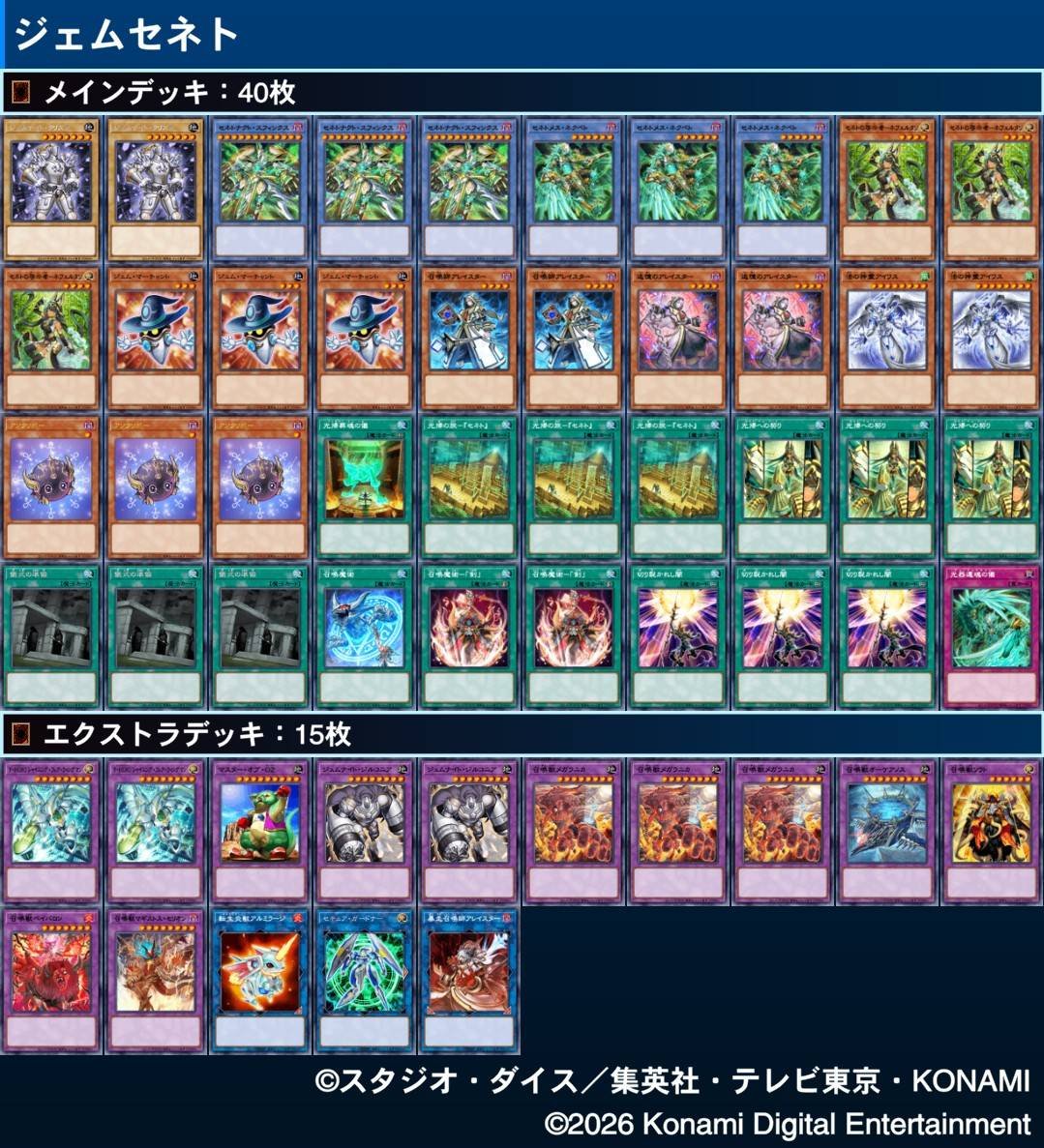 08Garyuu's tweet photo. 今回使ったデッキです
セネト魔法でメガラニカなどを出し
融合モンスターかつ通常モンスターなので
アレイスターやジェムマーチェントでサポートして戦います
ネクベトから出てくるクリスタも強かったですし
召喚魔術「剣」でジルコニアやシャイフレにして追撃できます
 #フルオシデッキ
 #フルオフ https://t.co/18AZMleTA5
