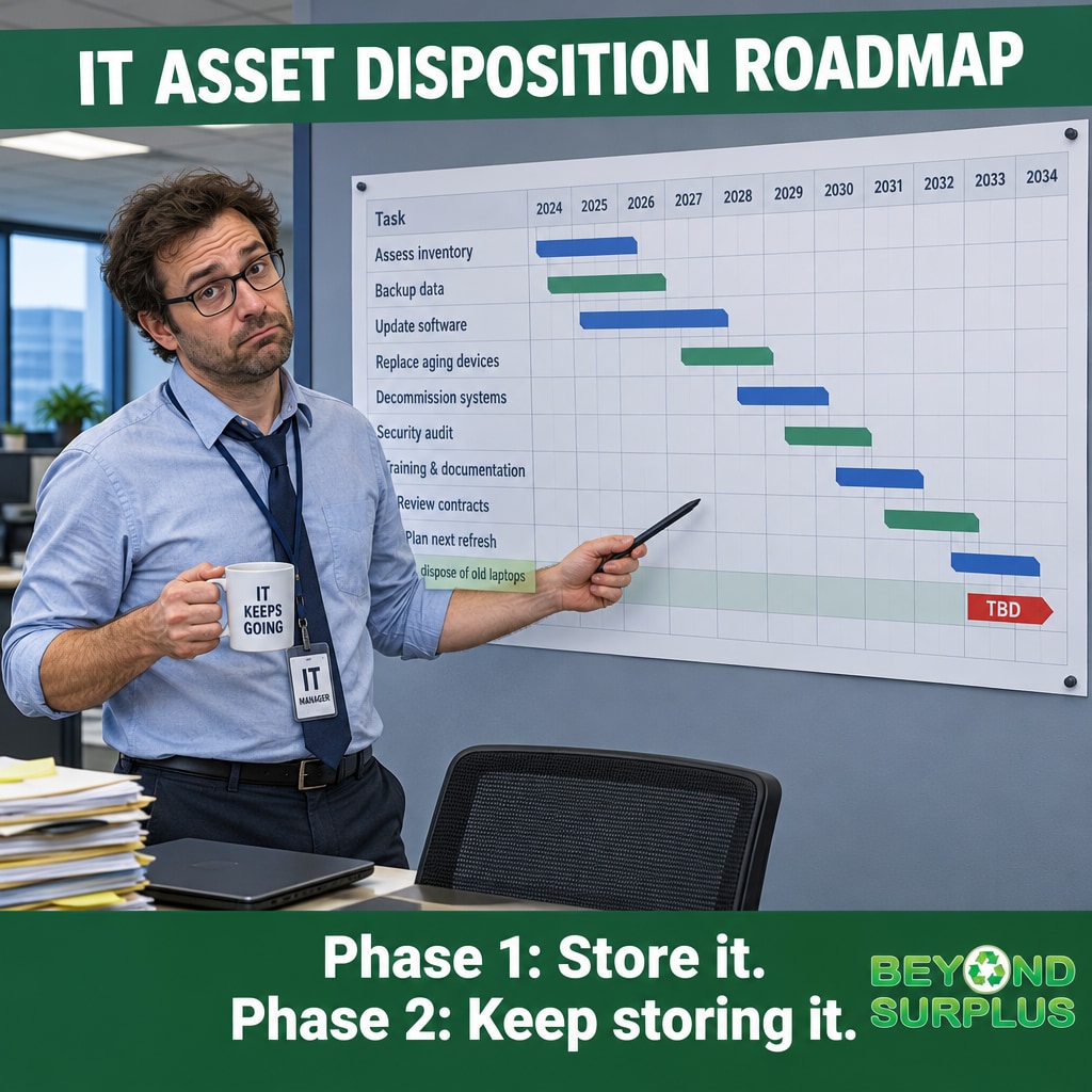 BeyondSurplus's tweet photo. The IT asset disposition roadmap:

Phase 1: Store it in the closet.
Phase 2: Keep storing it in the closet.
Phase 3: TBD (est. 2034).

Let Beyond Surplus clear the pile before your laptops become historical artifacts. https://t.co/qi3o6iKdyY