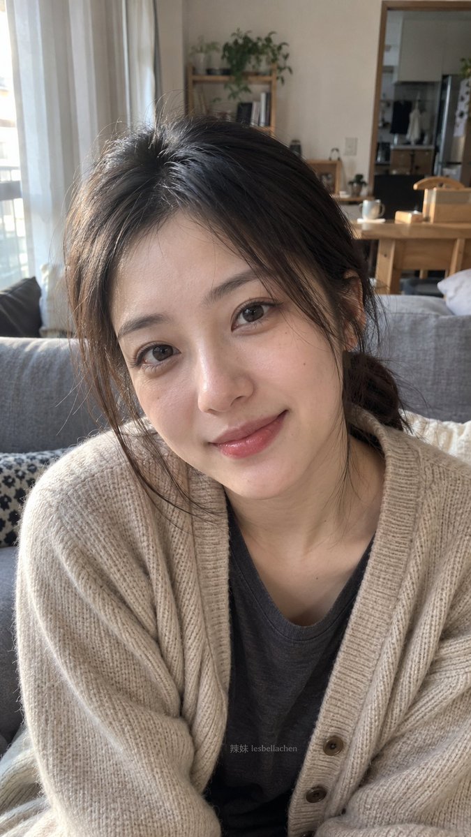 lesbellachlec8's tweet photo. 兄弟们 这种女朋友 真实感喜欢吗
提示词：一张具有真实生活气息的手机人像照片，9:16竖屏，男友第一视角，拍摄坐在自己面前的成年女友。画面像相处时随手拍下的一帧，亲近、自然、没有摆拍痕迹。

【人物】
一位26岁左右的成年东亚女性，长相清秀，有辨识度。自然柔和的椭圆脸，正常大小的深棕色眼睛，双眼皮和眉毛保留轻微的不对称，鼻梁与鼻头比例自然，下巴圆润。黑色头发松松扎成低马尾，发际线和脸颊旁散落少量不规则碎发。淡妆，睫毛根根分明，嘴唇带一点自然血色，保留唇纹。

【表情与互动】
她坐在沙发上，身体微微前倾，头轻轻偏向一侧，视线准确落在镜头上。眉毛放松，嘴唇自然闭合，嘴角有一点刚刚浮现的笑意，眼神温柔而专注，像正在听亲近的人说话。表情含蓄，面部肌肉松弛，脸颊随笑意产生细微变化。

【服装与环境】
穿米燕麦色针织开衫，内搭深灰色棉质圆领上衣。针织纤维、衣领接缝和布料褶皱自然可见。背景是白天有人居住的普通公寓，浅色窗帘、灰色沙发，远处少量家具和生活物品，陈设随意而整洁。

【镜头与构图】
手机主摄1倍视角，约28mm等效焦距。镜头距离人物约55厘米，略高于眼睛，轻微俯拍。近距离头肩特写，完整保留头顶、脸、颈部和部分上身，面部占画面高度约六成。人物略偏离中心，构图有轻微手持倾斜。摄影者处于画外，无自拍手臂，无可见手机。

【光线与皮肤】
画面左侧窗户透入柔和日光，照亮额头、鼻梁和左侧脸颊，右侧脸颊与下颌保留柔和、连续的阴影。自然白平衡，肤色温润，脸与颈部颜色一致。

保留细微且不均匀的真实毛孔、鼻翼轻微泛红、淡淡的眼下阴影和自然唇纹。只有受光的位置出现少量细小绒毛与克制的皮肤高光。皮肤细腻但有真实纹理，不刻意放大瑕疵。眼睛反光与窗户的位置一致，虹膜有自然细节，眼白带轻微正常色差。

【成像】
普通手机原相机直出的视觉观感，细节清楚但锐化适度，明暗层次自然。背景稍软但仍可辨认，没有人像模式的抠图边缘。保留日常照片的轻微不完美，整体干净、松弛、可信。

负面约束：美颜滤镜，磨皮，瘦脸，大眼特效，尖锐V形下巴，夸张美瞳，瓷白皮肤，蜡像感，塑料感，游戏角色，3D渲染，过度对称，油亮面部，统一毛孔贴图，夸张嘟嘴，商业棚拍，戏剧性轮廓光，重度HDR，过度锐化，强烈背景虚化，畸形五官。