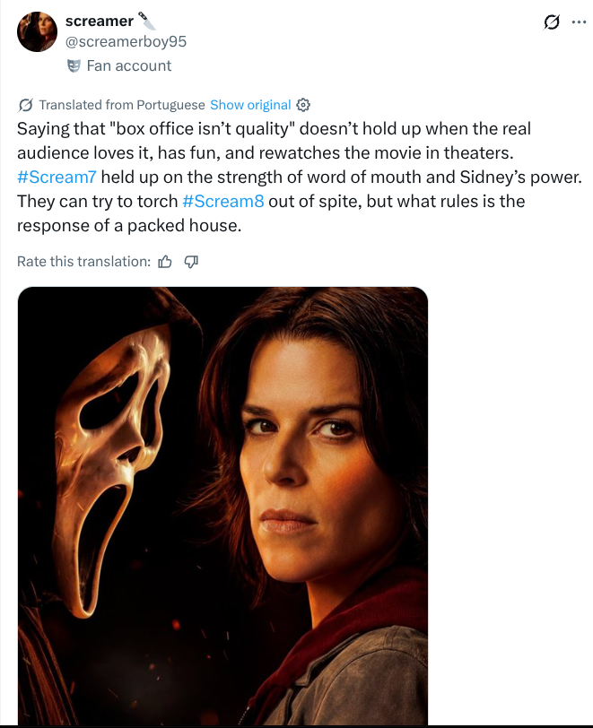 XandriaMartinez's tweet photo. having a huge box-office doesn't mean the film is good...the 50 shades of grey films outgrossed every scream movie &amp; let's not forget that scream 7 used imax &amp; deceived the fans that matthew lillard was returning as stu. w/o imax tickets &amp; stu, scream 7 would'nt have made $200m. https://t.co/GE7PXfoFUN