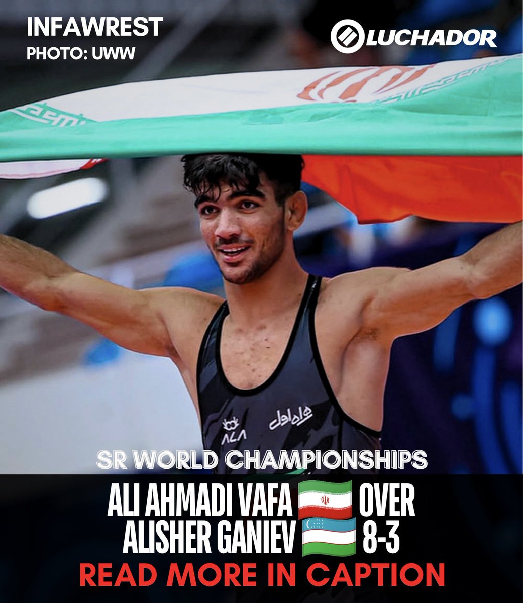 InfaWrest's tweet photo. Ali Ahmadi Vafa 🇮🇷 defeats returning finalist Alisher Ganiev 🇺🇿 8-3 to make the finals at 60KG.

Ahmadi Vafa did not place last year at 25' Worlds, but this year he makes the finals guaranteeing himself a medal.

————————————      
CUSTOM WRESTLING SINGLETS AT https://t.co/NMpPBeqgK5