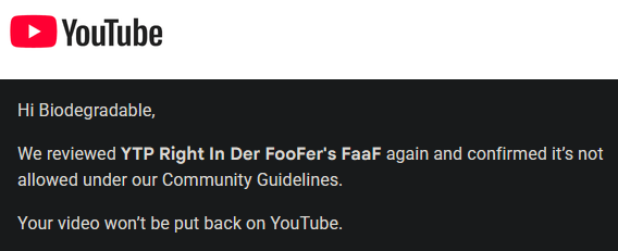 BiodeEditable's tweet photo. Hey @TeamYouTube this is bullshit. There are several copies of the original short film on YouTube, but my old YTP gets taken down? This is not fair in the slightest. My video has been on YouTube for 8 years without a problem and the original short even longer. This is outrageous. https://t.co/eZhEfAf4Hv