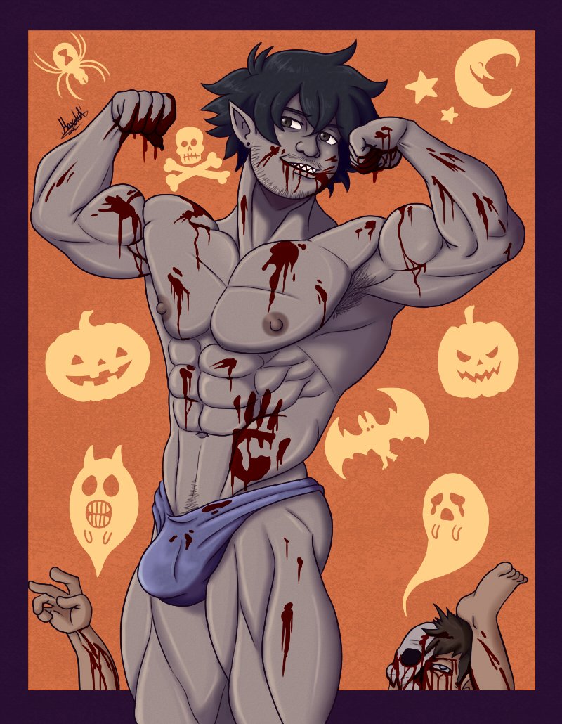 RodoraMarduk's tweet photo. hice dos versiones, tenia pensado hacer la versión de la censura china pero seria demasiado excitante 😝

Nergal caza a sus victimas haciéndoles creer que tendrán diversión en su casa 😳
#Halloween2026 #gore #MuscleHunk https://t.co/f3X7fkv7E7