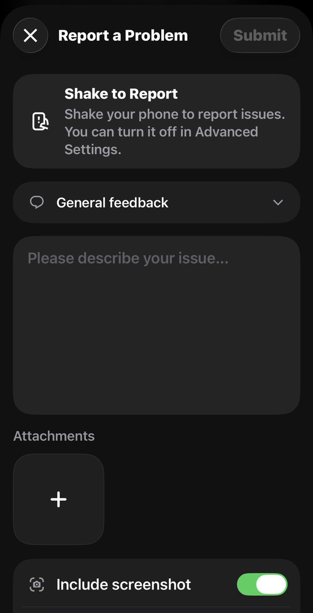 KSimback's tweet photo. This is a really cool feature of @bot and I found it by accident when using my phone in the gym

Shake the phone with Grok Bot app open and it brings up this feedback form

Things you can only do with a mobile app https://t.co/GyDs96h4BZ