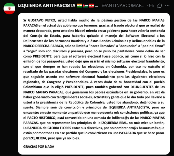prixejef2's tweet photo. @Enrique40002616 @EmmaRincon aquí ni la hpta izquierda quiere a petro jajajajaja patético . mierda comimos 4 años ahora si viene lo bueno . bodeguero ignorante https://t.co/aeRe4jhkIm