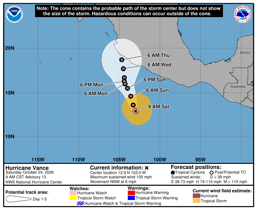 atlanticstorms's tweet photo. #HURRICANEVance [Wind Decr:Speed Decr] Heading NNW @ 6 mph. Wind @ 105 mph. Location N:12.9 W:-103.0 #Hurricane #Vance Good Saturday https://t.co/F4UjjD4LtF