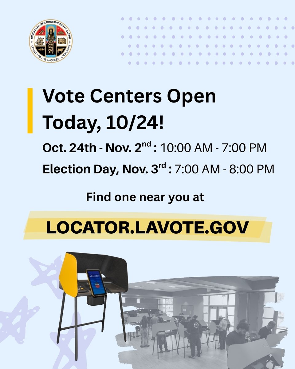 LACountyRRCC's tweet photo. Vote Centers are open for the November 3, 2026, General Election! Vote centers are open daily 10 AM–7 PM till November 2, with hours extending to 7 AM – 8PM on Election Day.

Find your nearest Vote Center at https://t.co/3CVUT7K8PO or check your voter mailer. Vote early! https://t.co/GULg9k3LRq