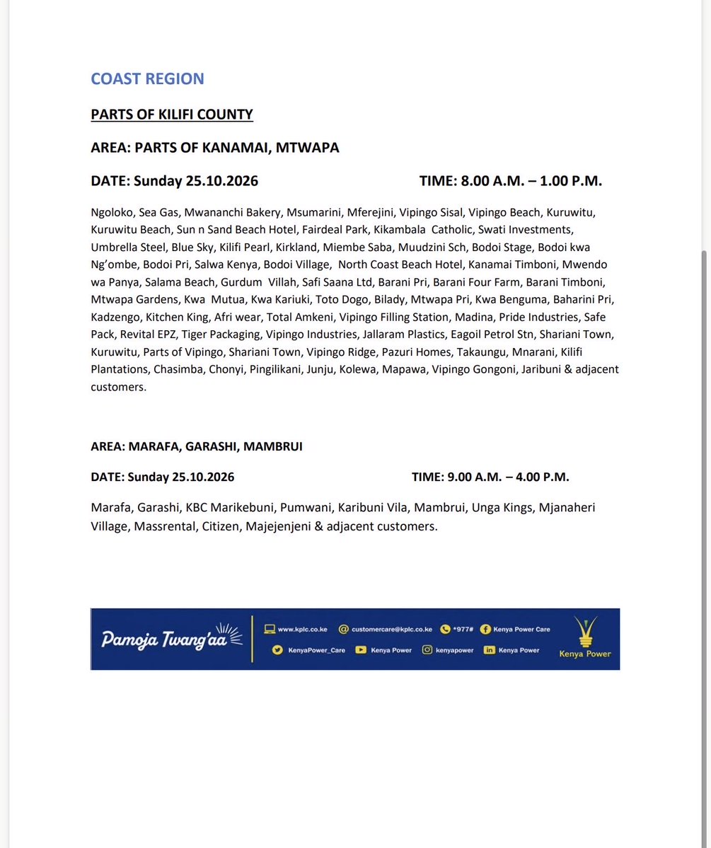 KenyaPower_Care's tweet photo. Good evening. Kindly find attached the list of areas scheduled for planned power maintenance tomorrow, Sunday, 25.10.26. ^LW https://t.co/496a1zboi0