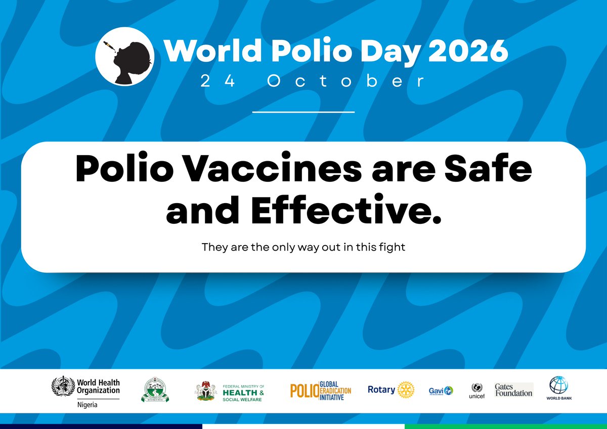 WHONigeria's tweet photo. Every drop is a shield. Every vaccination a promise.

Nigeria's progress against polio shows what is possible when communities, health workers, and partners work together. To secure a polio-free future, we must interrupt transmission, reach every missed child, and strengthen routine immunization.

Let's finish the job and ensure no child is left behind.

#WorldPolioDay #EndPolio #PolioFreeNigeria #VaccinesWork #HealthForAll