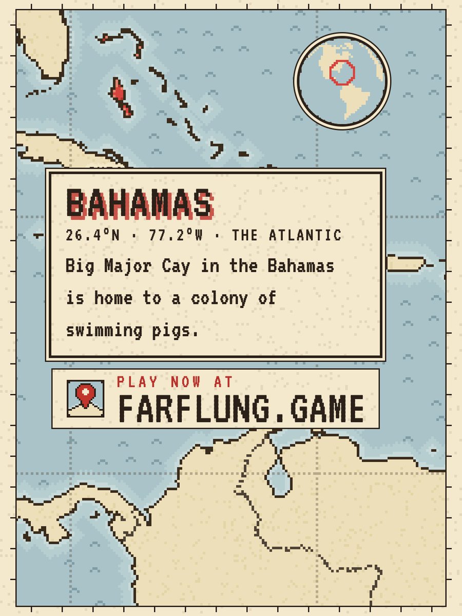 playfarflung's tweet photo. The Bahamas, in the Atlantic. Big Major Cay in the Bahamas is home to a colony of swimming pigs. Could you pin it on a map with no names?

#geography #geographygame #dailygame #maps https://t.co/VphKBIkUY0