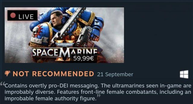 schizothotep's tweet photo. I remember the most lobotomized chudlets crying that the game is DEI woke slop because there's a black Ultramarine and woman Guard lieutenant. Now that the game didn't flop they have to pretend they didn't say any of that shit lol https://t.co/l6663vgOp9