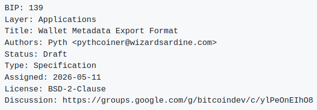 murchandamus's tweet photo. New BIP published:
  BIP139: Wallet Metadata Export Format

https://t.co/JIMNDBwZ2i https://t.co/DbnRg19u0b