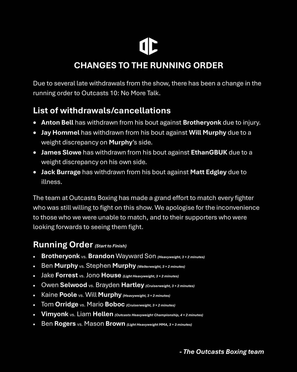 OutcastsBoxing's tweet photo. Changes to the running order. https://t.co/VZbWhx0fAe