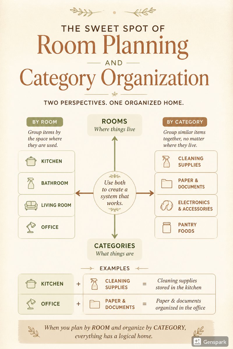 MinimalistReset's tweet photo. Room planning and category organization work best together: rooms tell you where, categories tell you what. Kitchen with cleaning supplies and office with paper are classic pairs. Save this two-axis planning idea. Save this before you start your next session.#homeorganization https://t.co/xfr3T2YfZs