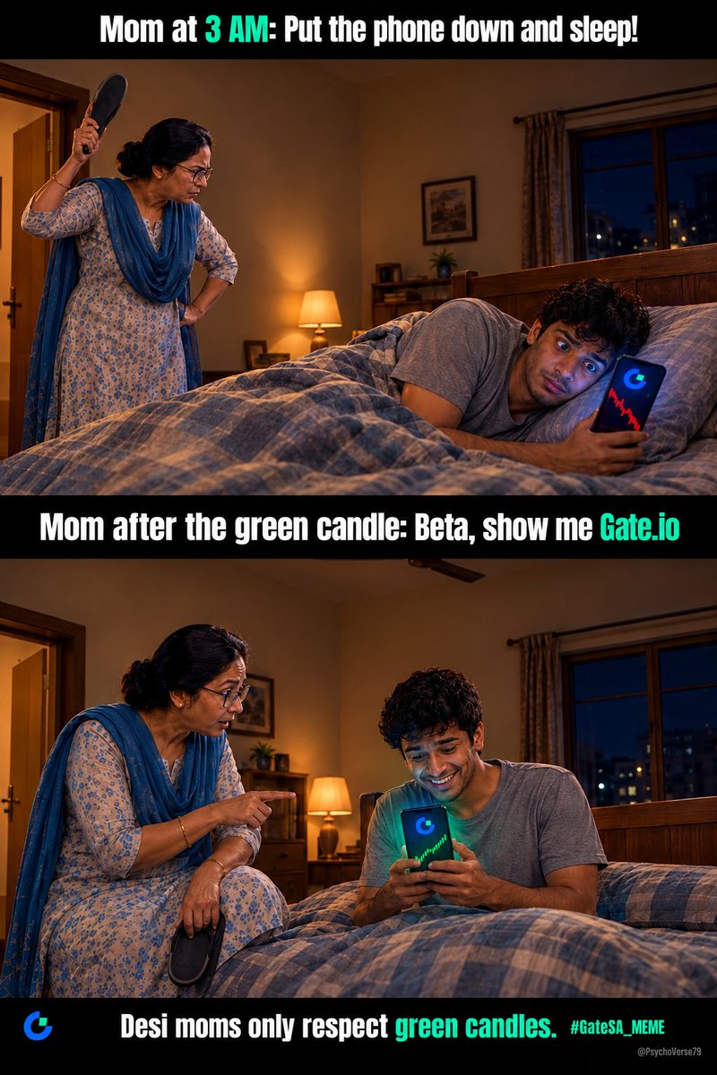 PsychoVerse79's tweet photo. Ep 2 of Mom vs Gate. At 3 AM she came for my phone, by 3:01 she wanted to see the chart 😭📈

#GateSA_MEME @Gatedesi https://t.co/lwMJQo46Hd