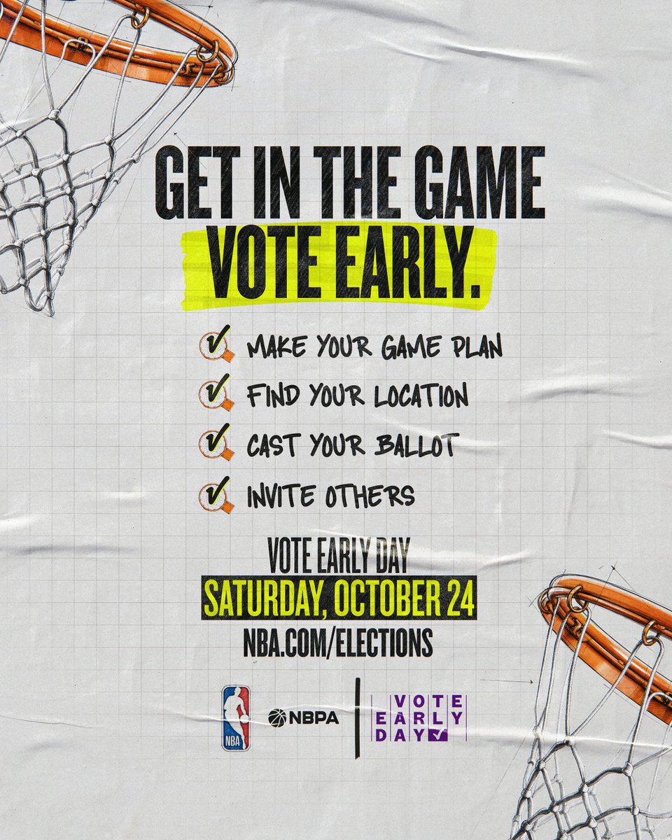 NBA's tweet photo. You don’t have to wait until Election Day: be ahead of the game! Today is Vote Early Day. 🗓️🗳️

Know your options. Make a plan.  Find your polling place. It will make the process easier!

Get the info you need and make your game plan at https://t.co/gnNVWn6ufC. https://t.co/QjJEOasIW5