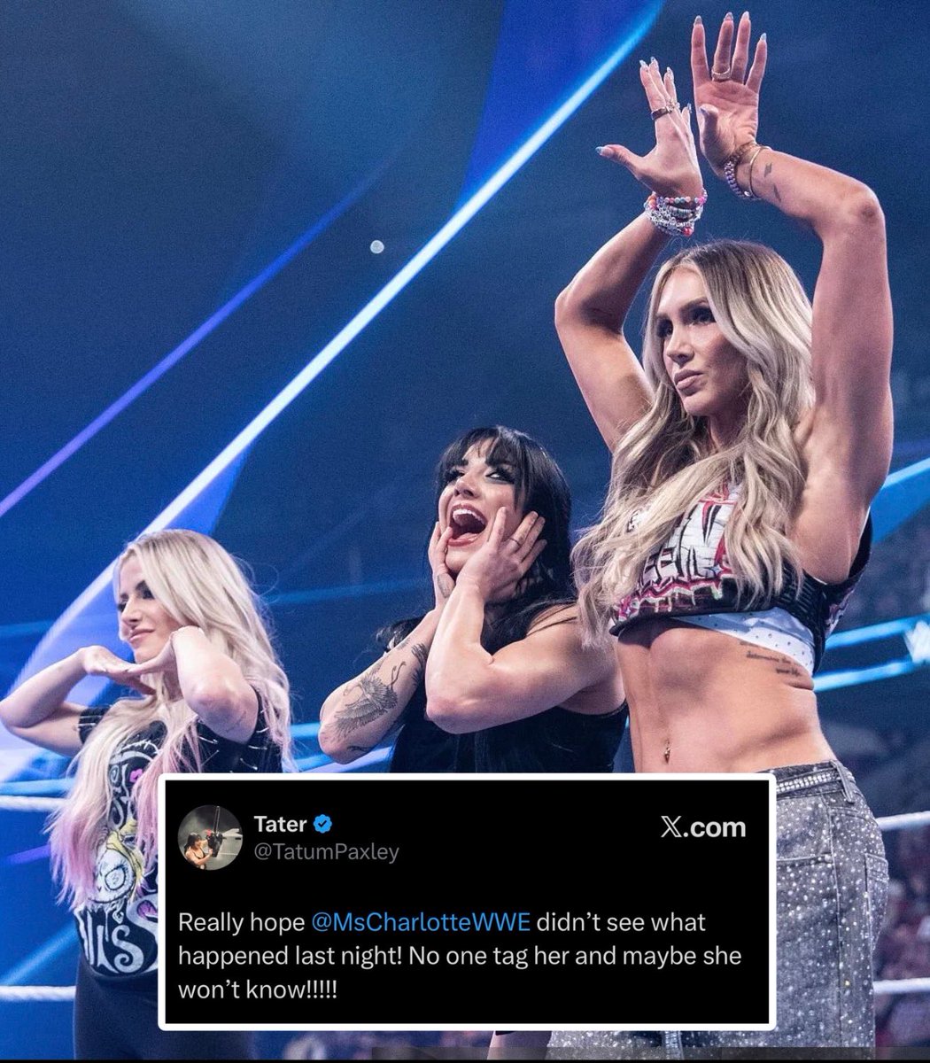 WrestlePurists's tweet photo. Tatum Paxley asked that no one tag Charlotte Flair so she doesn’t find out she lost the WWE Women’s Tag Team Championship 

She tagged Charlotte anyways 😭 https://t.co/57nWHJqvJ0