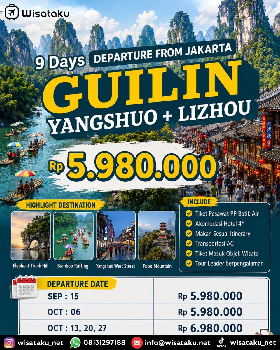 graffgogo's tweet photo. Jelajahi Guilin, Yangshuo, dan Lizhou 9 hari! Nikmati Bamboo Rafting, Elephant Trunk Hill, Fubo Mountain, dan malam di Yangshuo West Street. Keberangkatan Sep–Okt 2026 mulai IDR 5. 980. 000/orang. https://t.co/zJqOt1jiQl