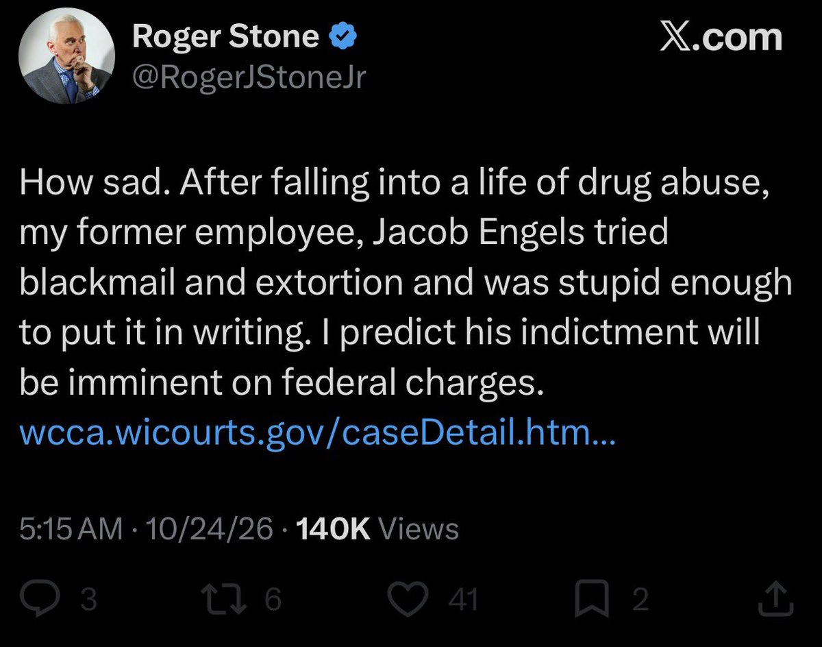 JacobEngels's tweet photo. Roger Stone, my mentor and fellow gay, has lost his mind. Sadly he’s abandoned reality entirely, likely due to the medications. 

Let’s all pray and urge God & Mrs. Stone to remind Roger that he is human like the rest of us. 

15 years together @RogerJStoneJr. Rethink this, or use that enema attached to the bathtub spigot in the guest room. 

Debate or shut up coward. Easy to talk shit unchecked, I speak for dozens you have victimized. 

 @willsommer @BulwarkOnline @thedailybeast @RogerJStoneJr @NobleOne @nypost @veilreportlive @TheNimrodPod @TheBrianShapiro @StewPetersNet @MotherJones @KaceeAllenShow @KaceeRAllen @darkdoxme @jaketapper @RealAmVoice @nydiastone