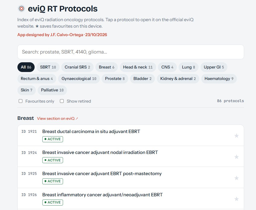 jfcdrr's tweet photo. I've built a free, unofficial app to find eviQ radiation oncology protocols from your phone📱

🔎 Search by site, SBRT or  SRS
✅ Active/retired status, updated daily
⭐ Favourites
Every protocol opens on eviQ.
👉 https://t.co/AuHdRqXMmm

#RadOnc #MedPhys @claudeai @marslain https://t.co/wy83XpkslF