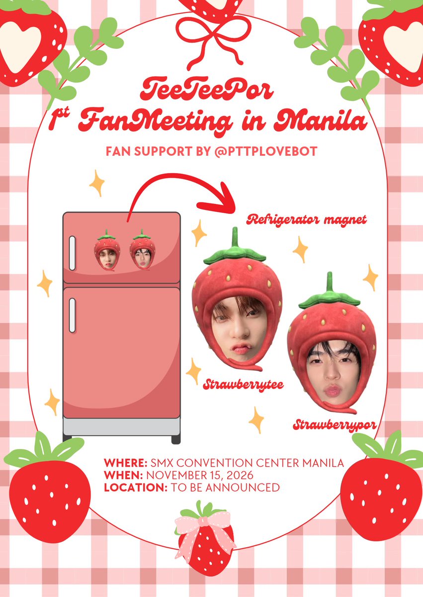 pttplovebot's tweet photo. TEETEEPOR 1ST FANMEETING IN MANILA - Strawberry Ref Magnet 🍓
fan support by @pttplovebot 

🍓strictly 1:1 (limited qty)
🍓onsite trades only
🍓like &amp; rt

#TeeteePorFMinManila #twnpich #porsuppakarn #teeteepor https://t.co/A6NQtVnrxh