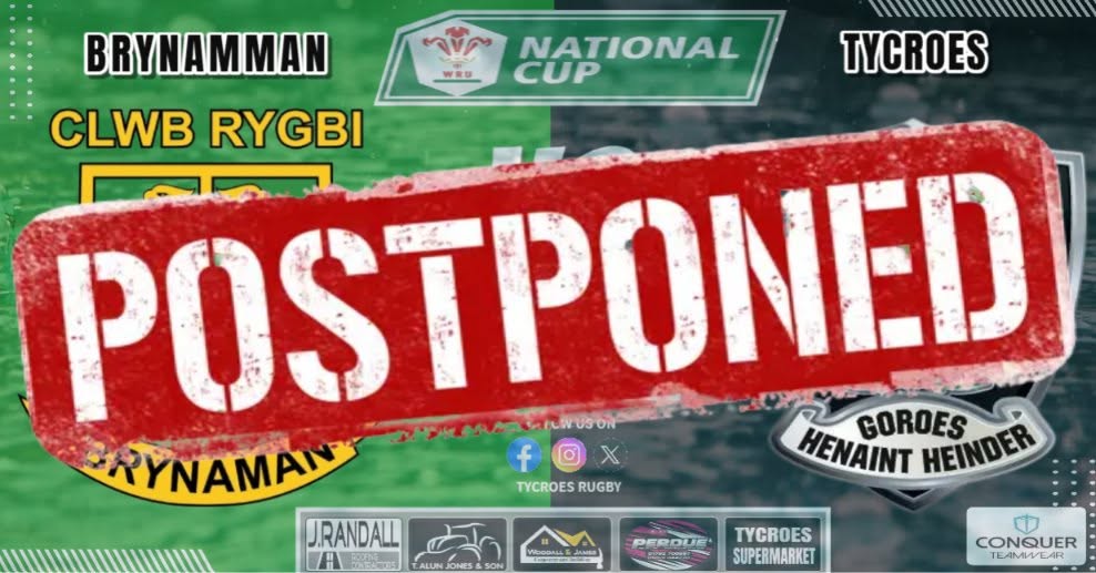 Tycroes_RFC's tweet photo. Unfortunately this afternoon's much anticipated National Cup encounter against Brynamman has been postponed due to a waterlogged pitch &amp; further heavy rainfall ☔️

A new date will be confirmed &amp; announced in due course.

  #StormBoelo | #GameOff | #WeatherWarning | #NationalCup https://t.co/0kcmpfKLtD