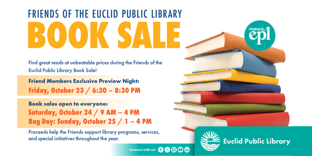 EuclidLibrary's tweet photo. Get ready to shop!

The Friends of EPL's book sale is back. Mark your calendar for October 24, 9a-4p and October 25, 1p -4p. Find bargains and support the library.
#OurEuclid #booksale https://t.co/sYKWZOZP83